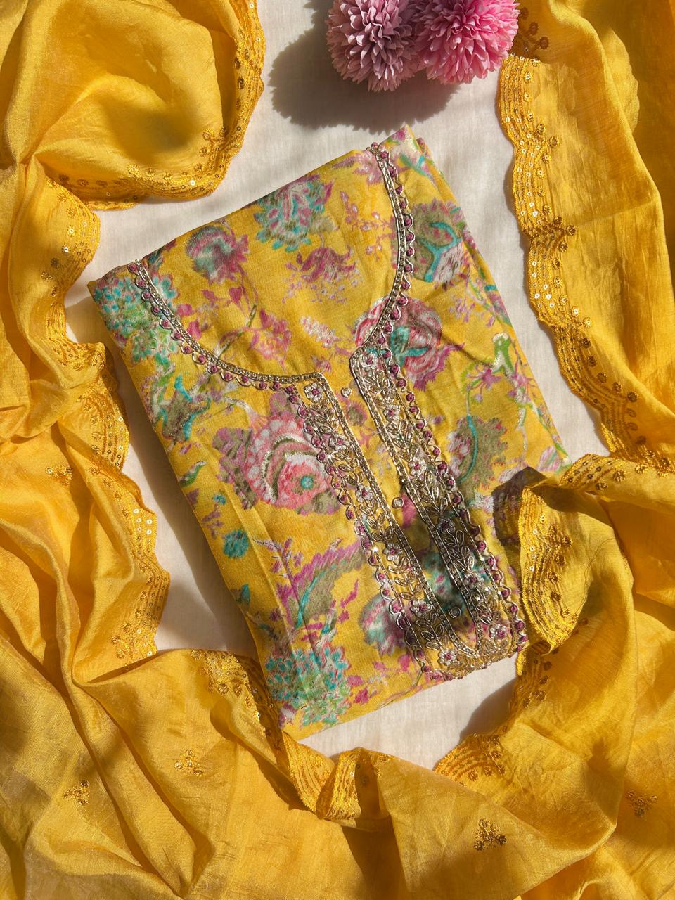 Unstitched Chanderi silk suit set