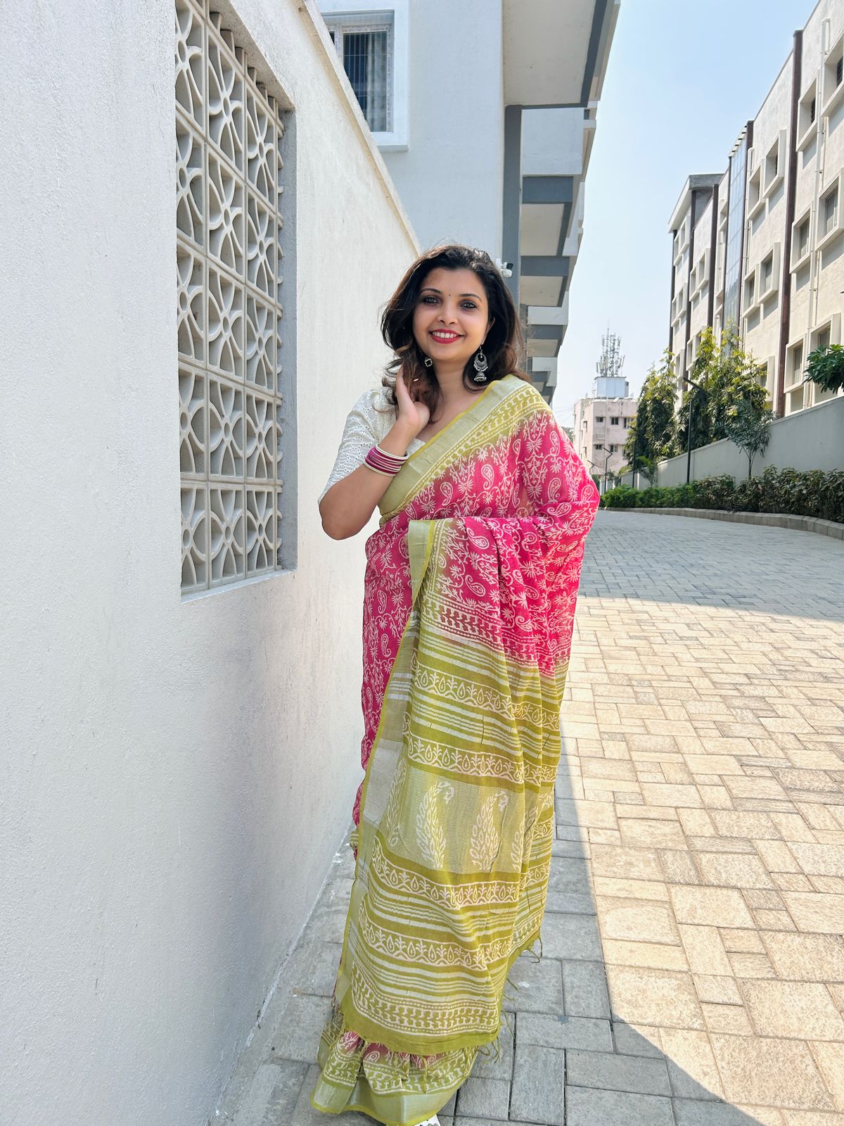 Linen cotton saree in hand block prints