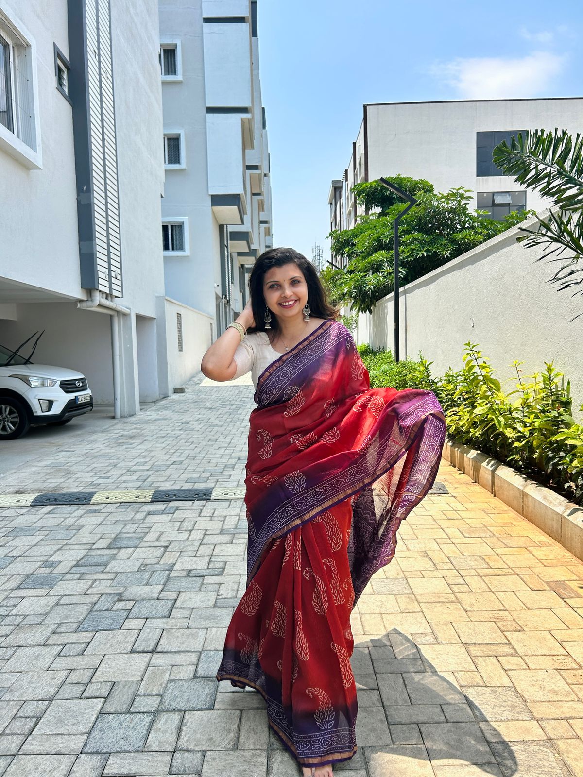 Chanderi silk cotton saree in block prints