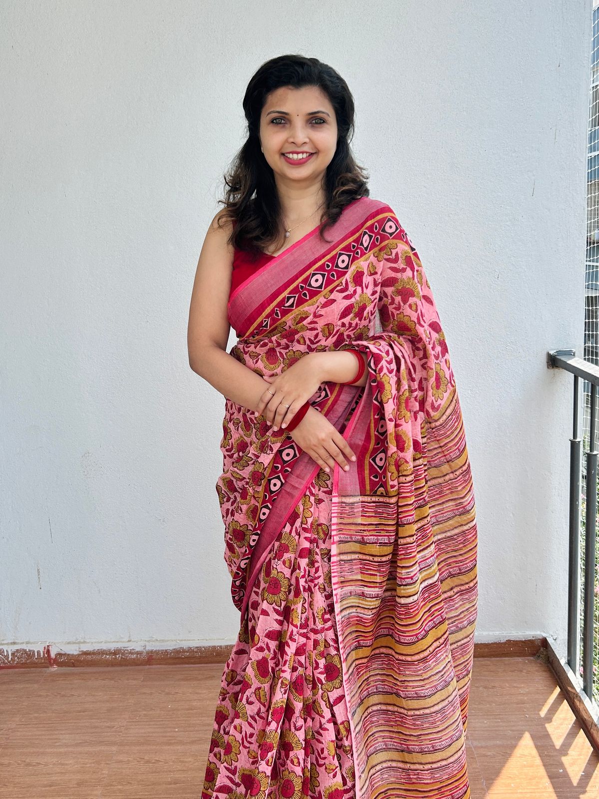 Linen cotton saree in hand block prints