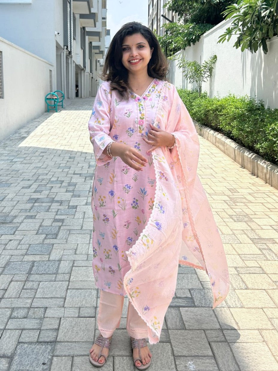 Printed Linen cotton kurta set