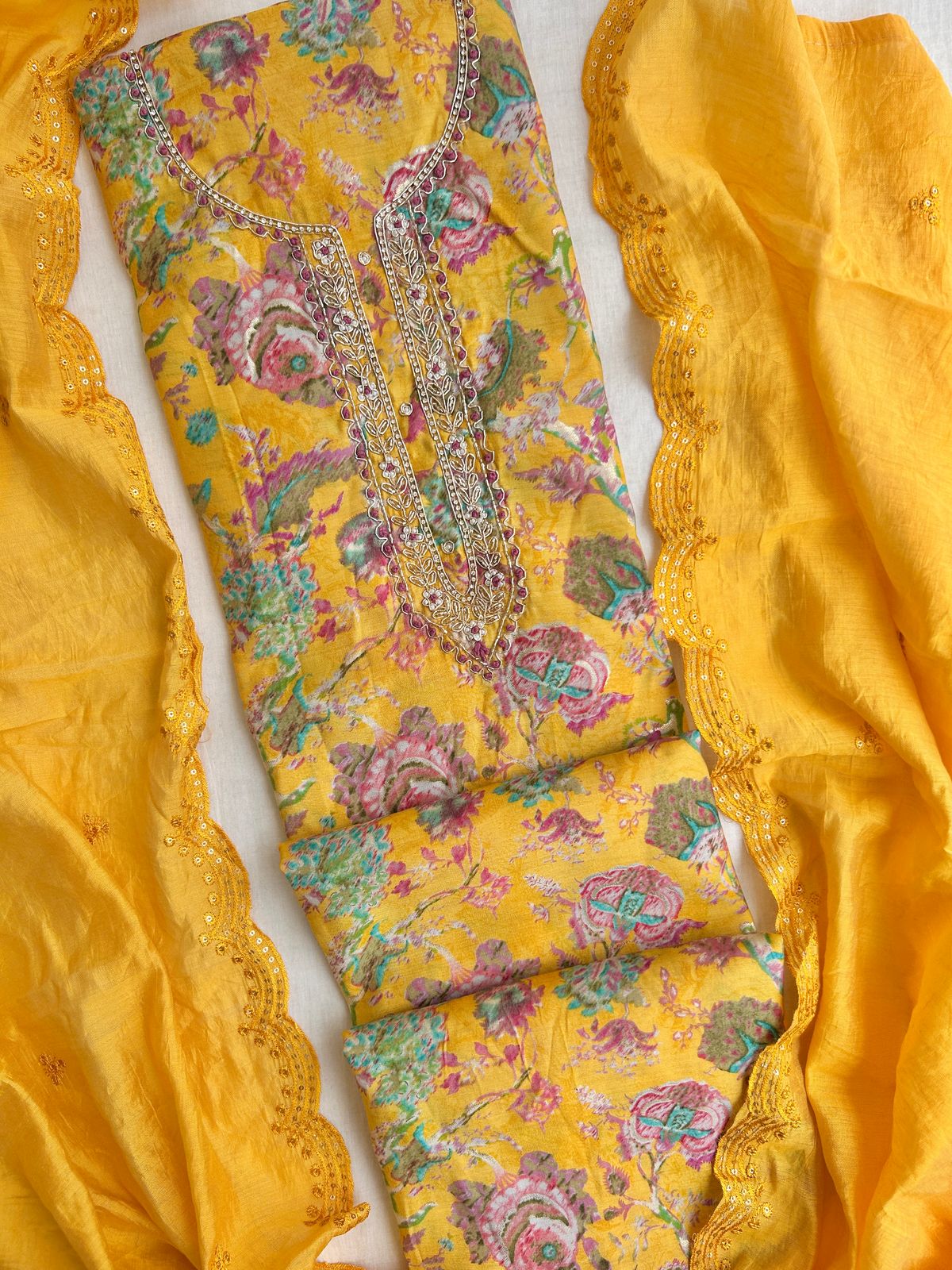 Unstitched Chanderi silk suit set