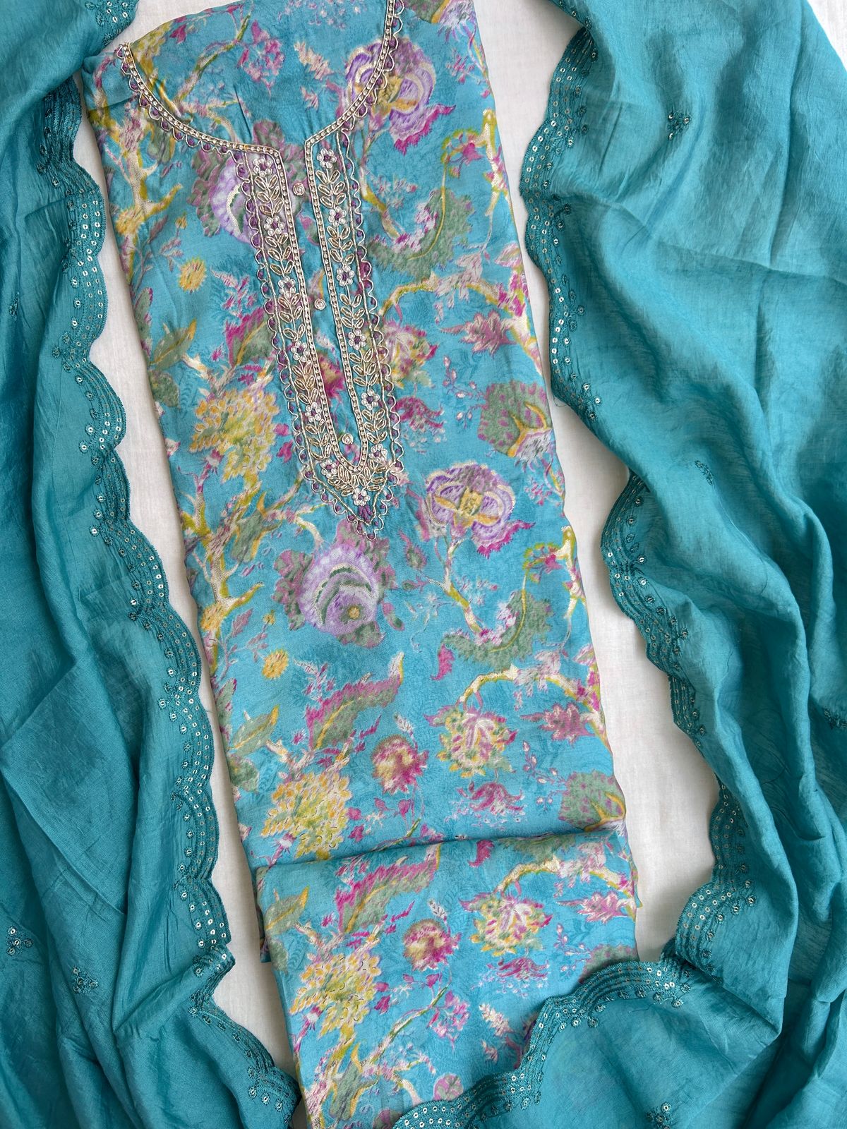 Unstitched Chanderi silk suit set