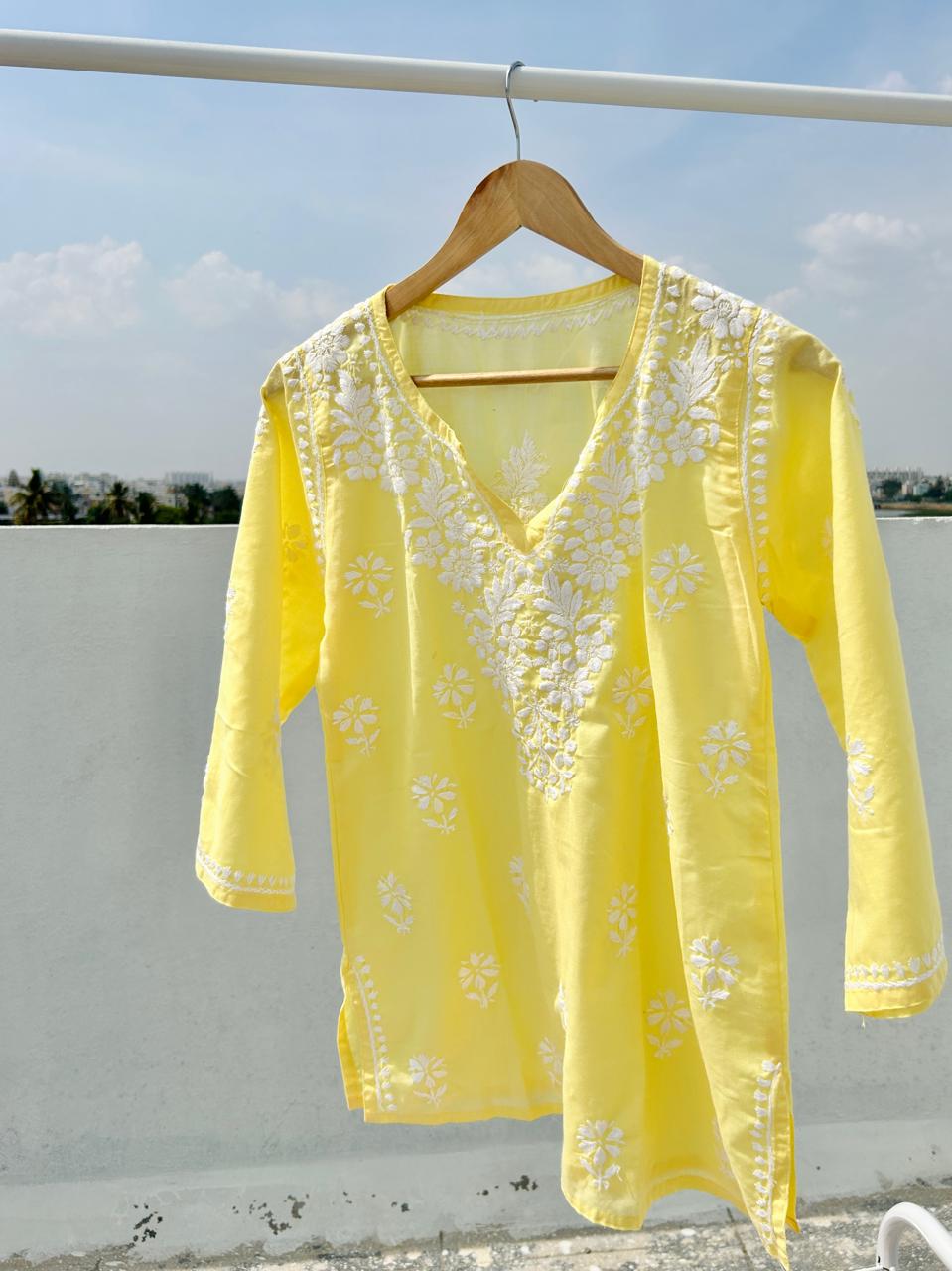 Cotton Chikankari short kurti - Yellow