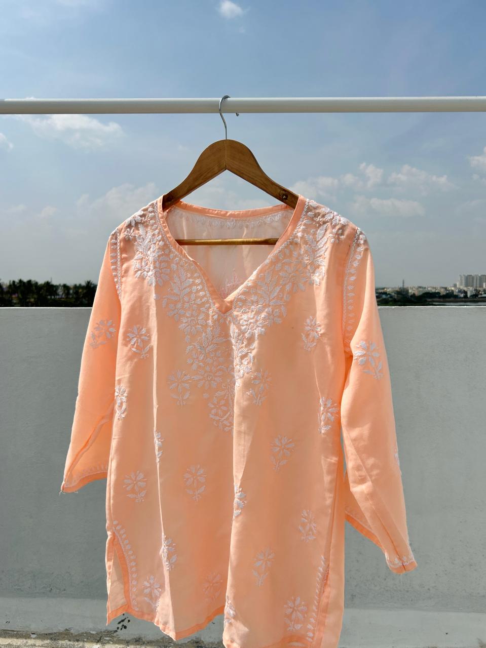 Peach Cotton Chikankari short kurti