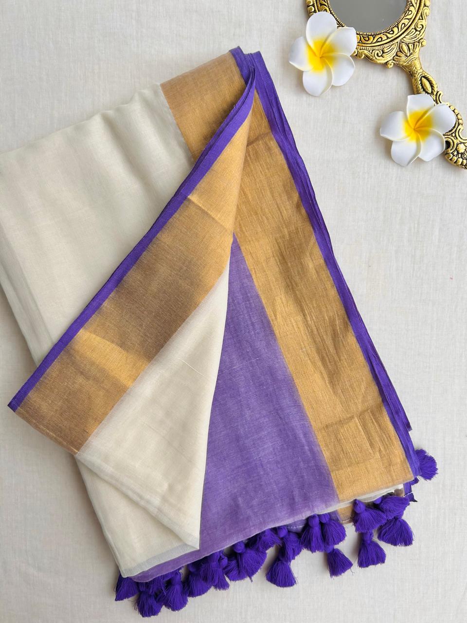 Mul mul cotton saree Off white and purple
