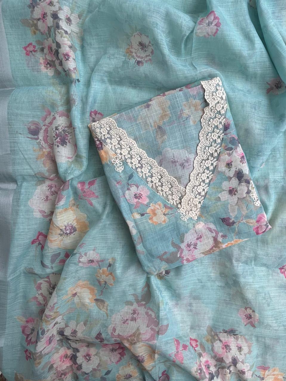 Unstitched Linen dress material set with laces