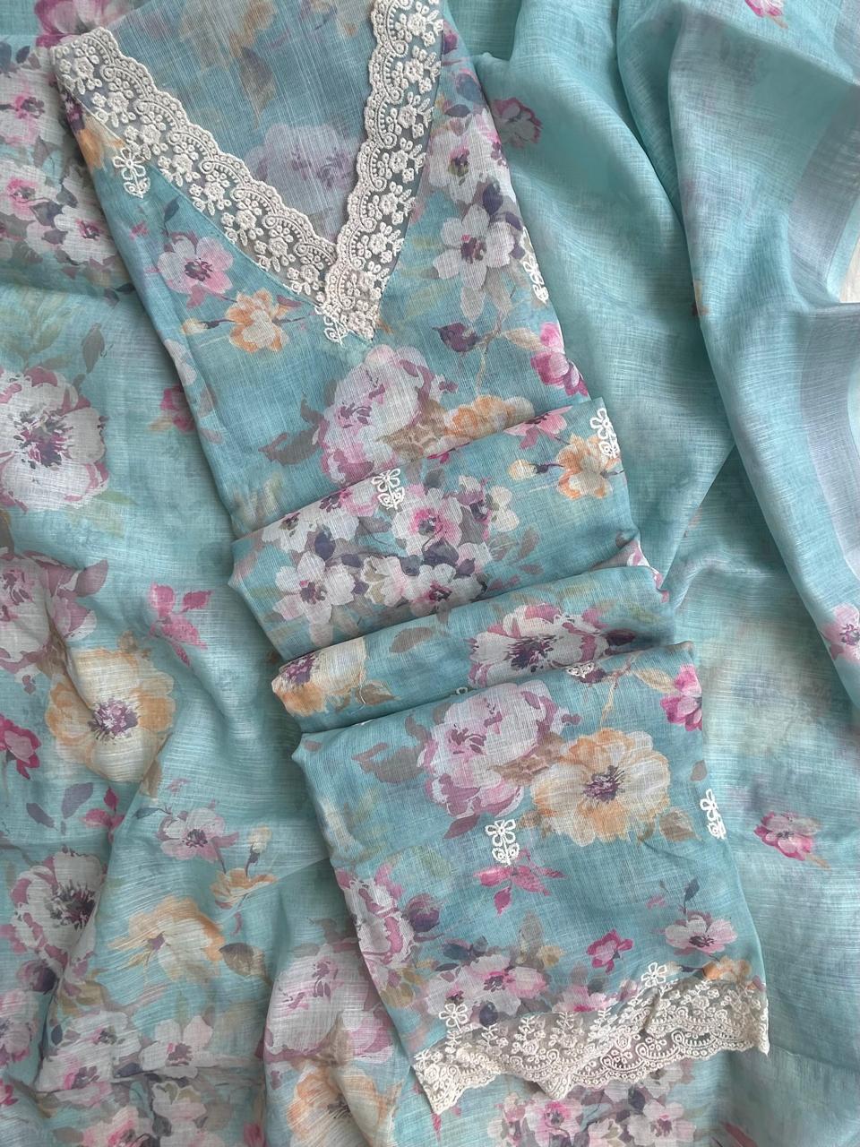 Unstitched Linen dress material set with laces