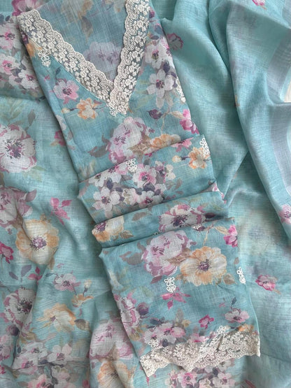 Unstitched Linen dress material set with laces