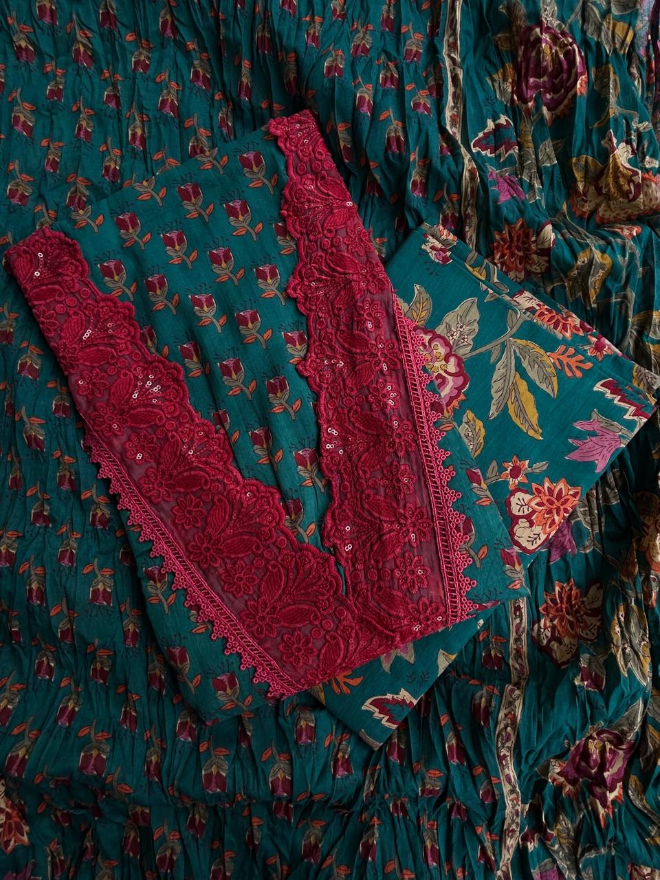 Unstitched Jaipuri Cotton set with laces