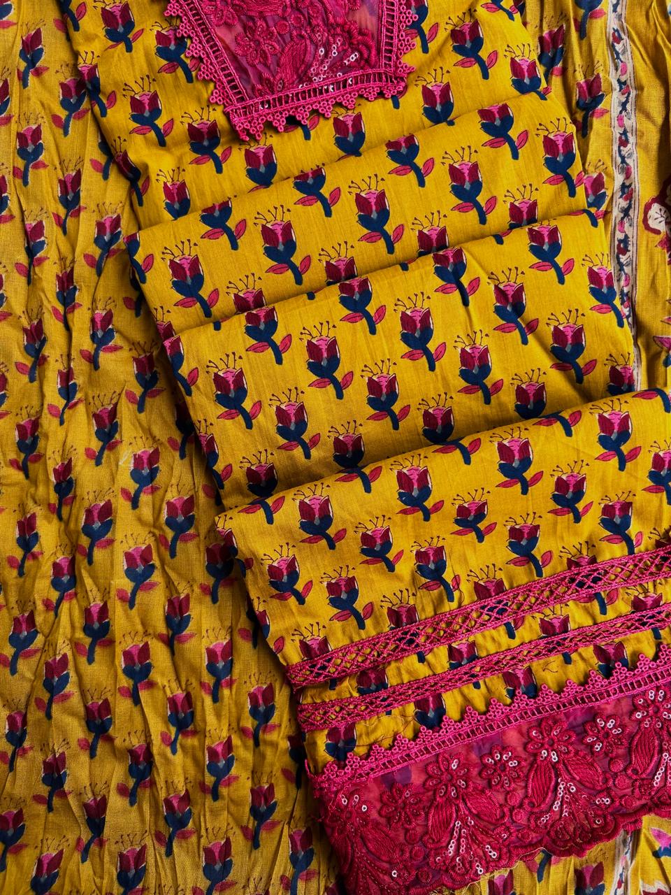 Unstitched Jaipuri Cotton set with laces