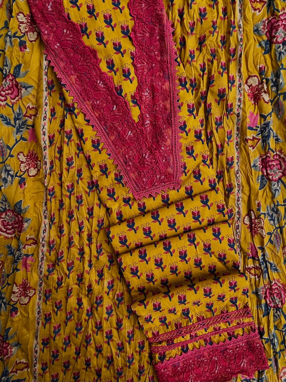 Unstitched Jaipuri Cotton set with laces