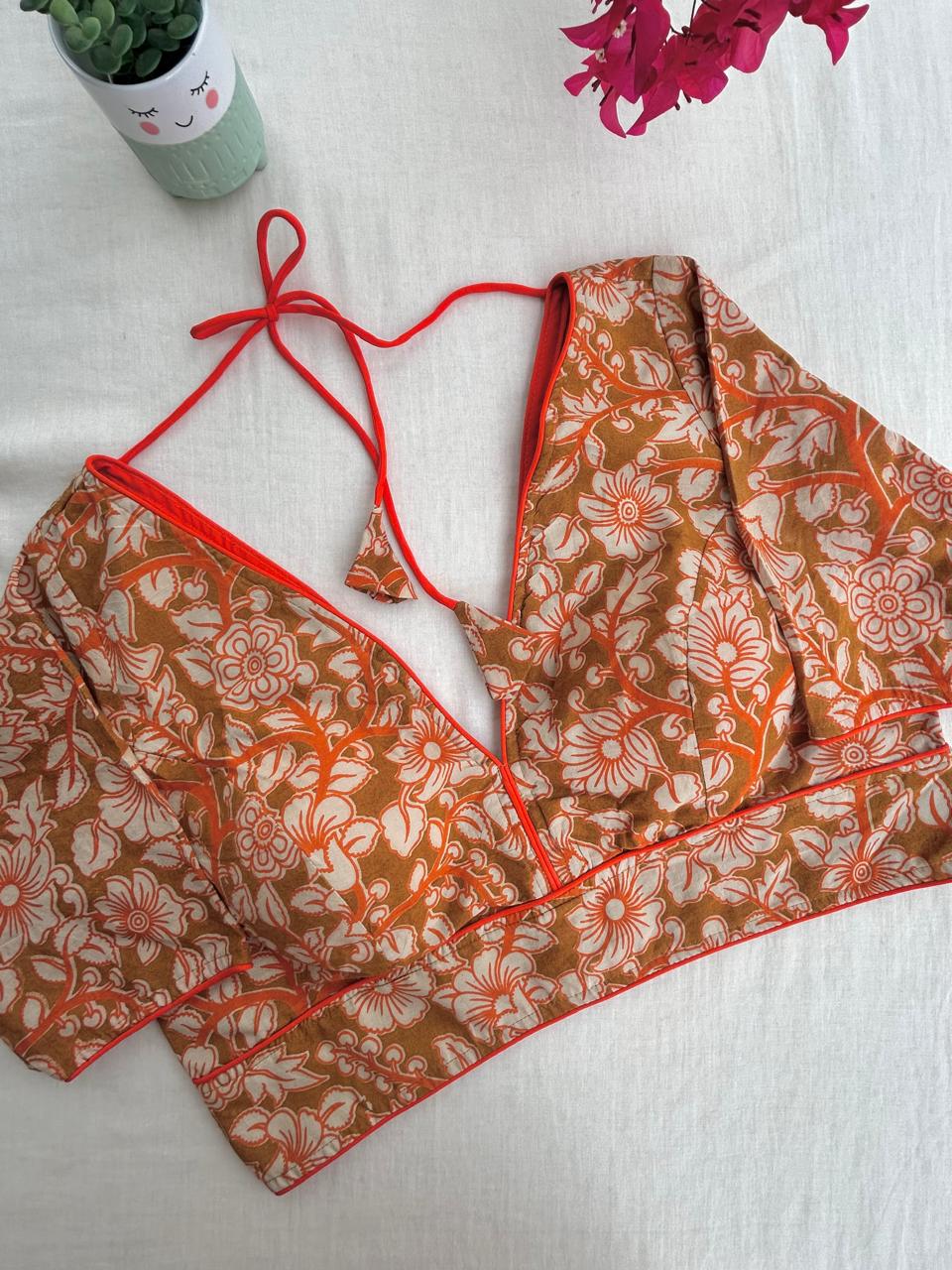 Kalamkari V neck saree blouse