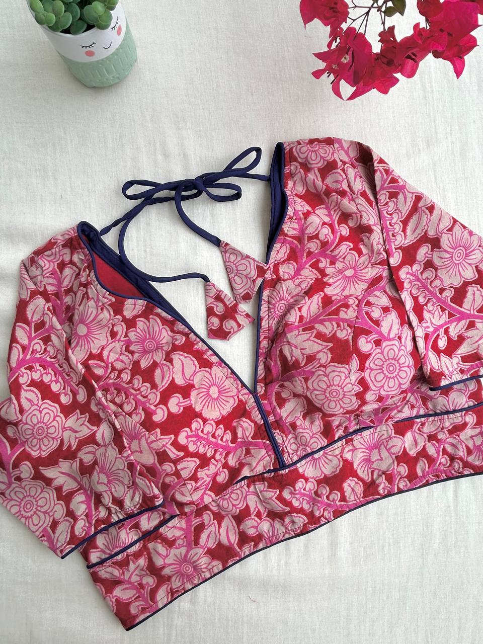 Kalamkari V neck saree blouse