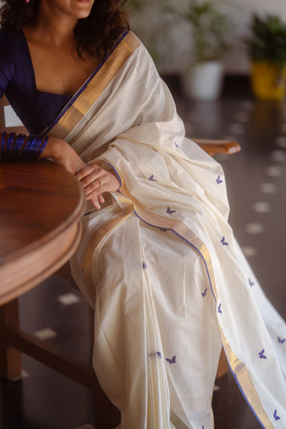 Kasavu saree in embroidery - Russian violet