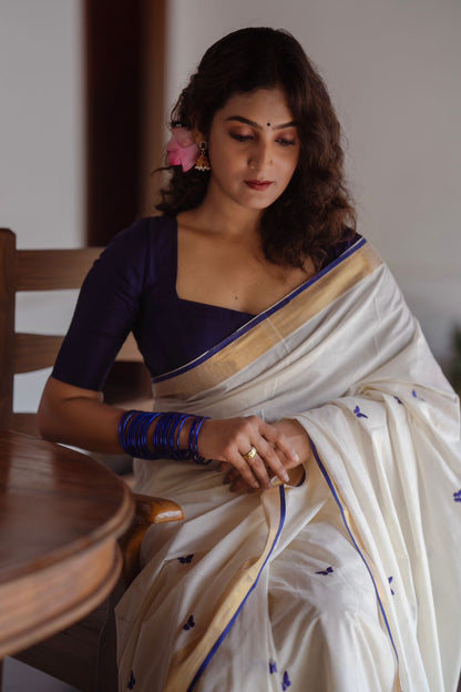 Kasavu saree in embroidery - Russian violet