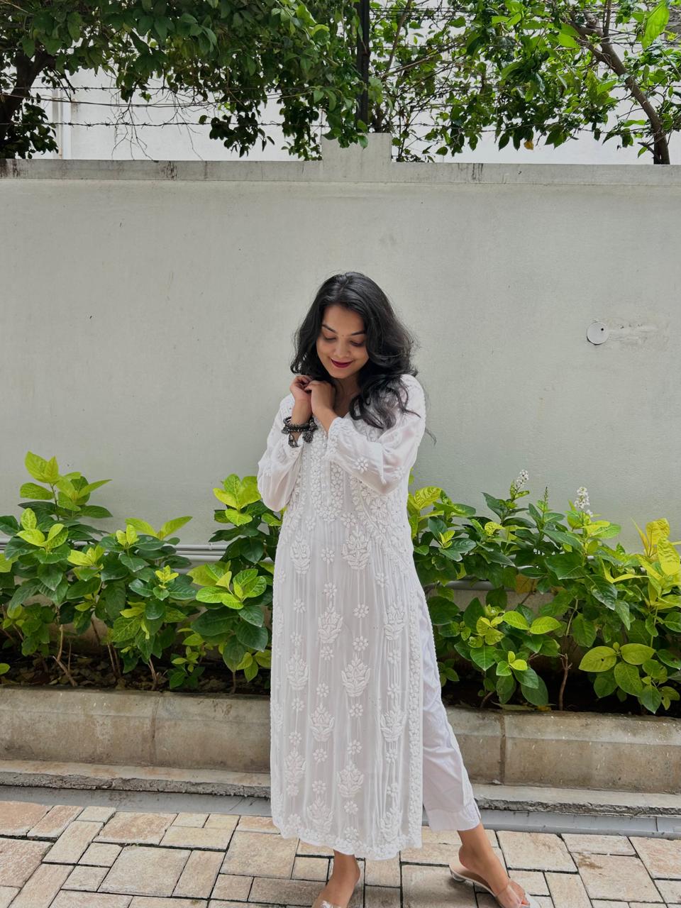 White Chikankari 3d handwork kurta