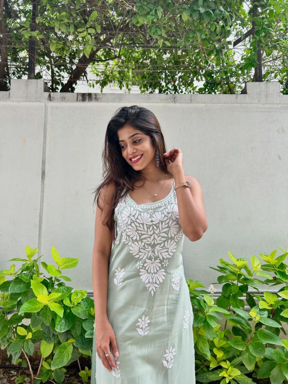 Sleeveless Chikankari long kurti