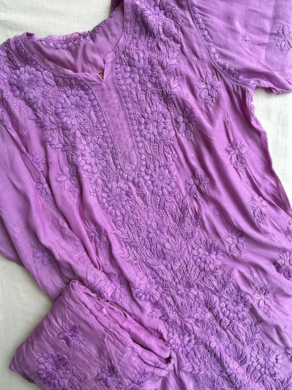 Muslin Chikankari handwork kurta set - Purple