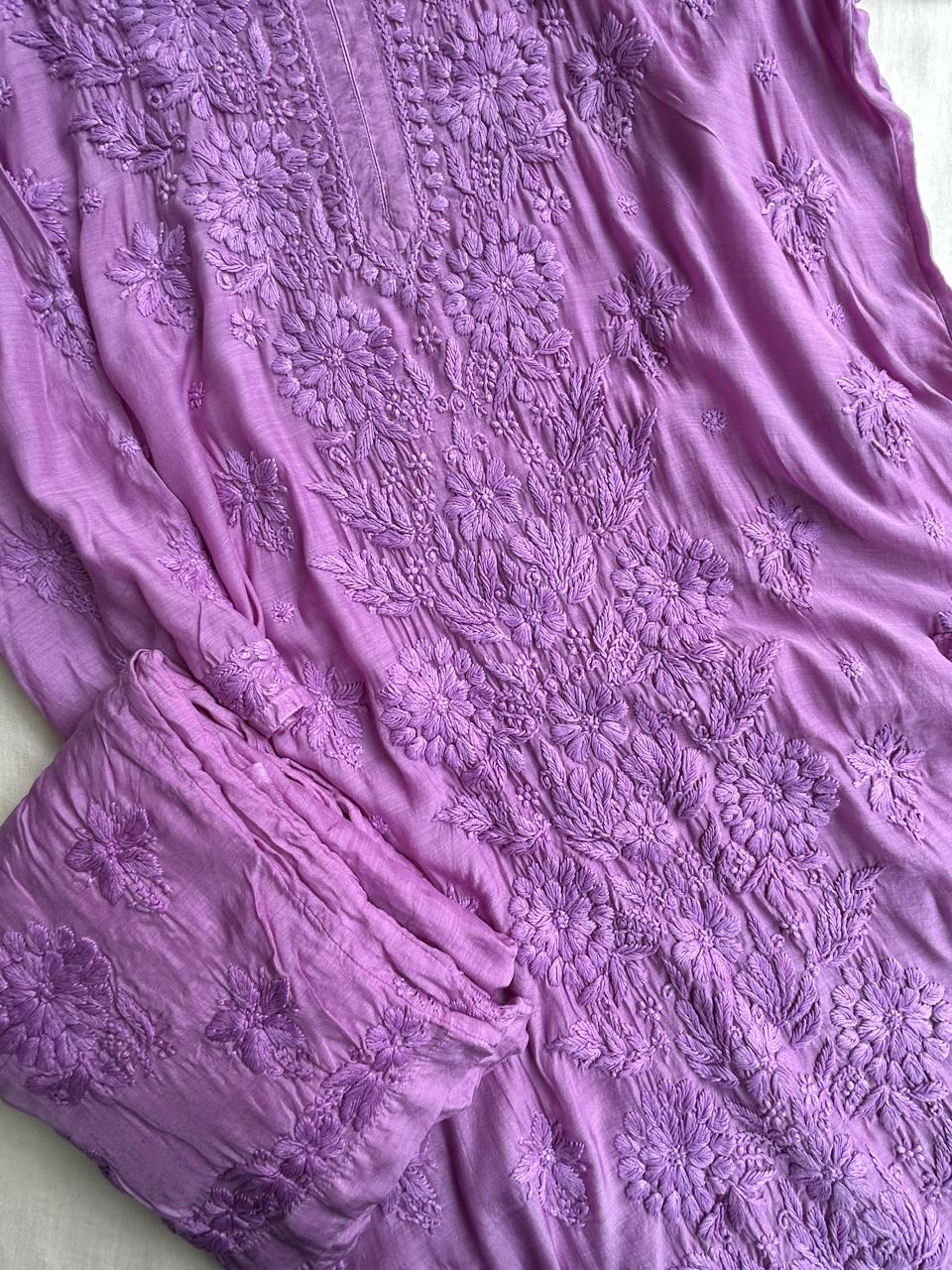 Muslin Chikankari handwork kurta set - Purple