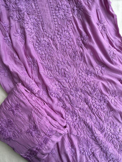 Muslin Chikankari handwork kurta set - Purple