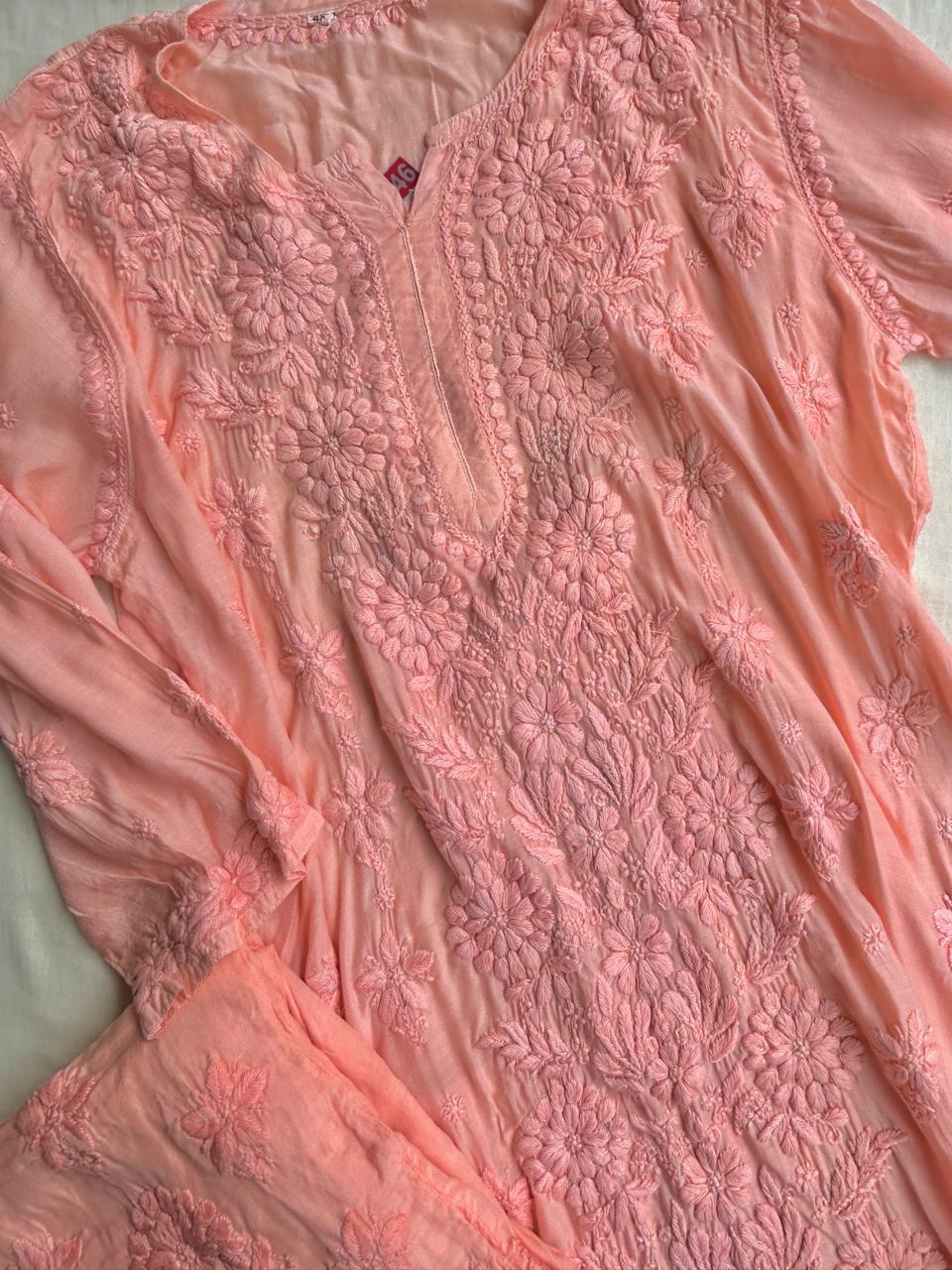 Muslin Chikankari handwork kurta set - Peach