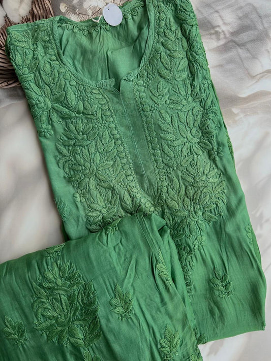 Muslin Chikankari handwork kurta set - Green