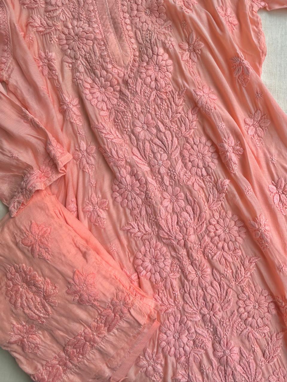 Muslin Chikankari handwork kurta set - Peach