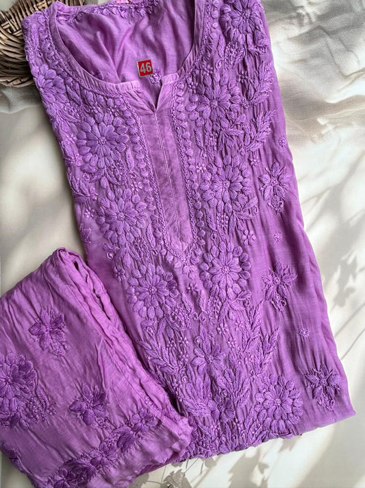 Muslin Chikankari handwork kurta set - Purple
