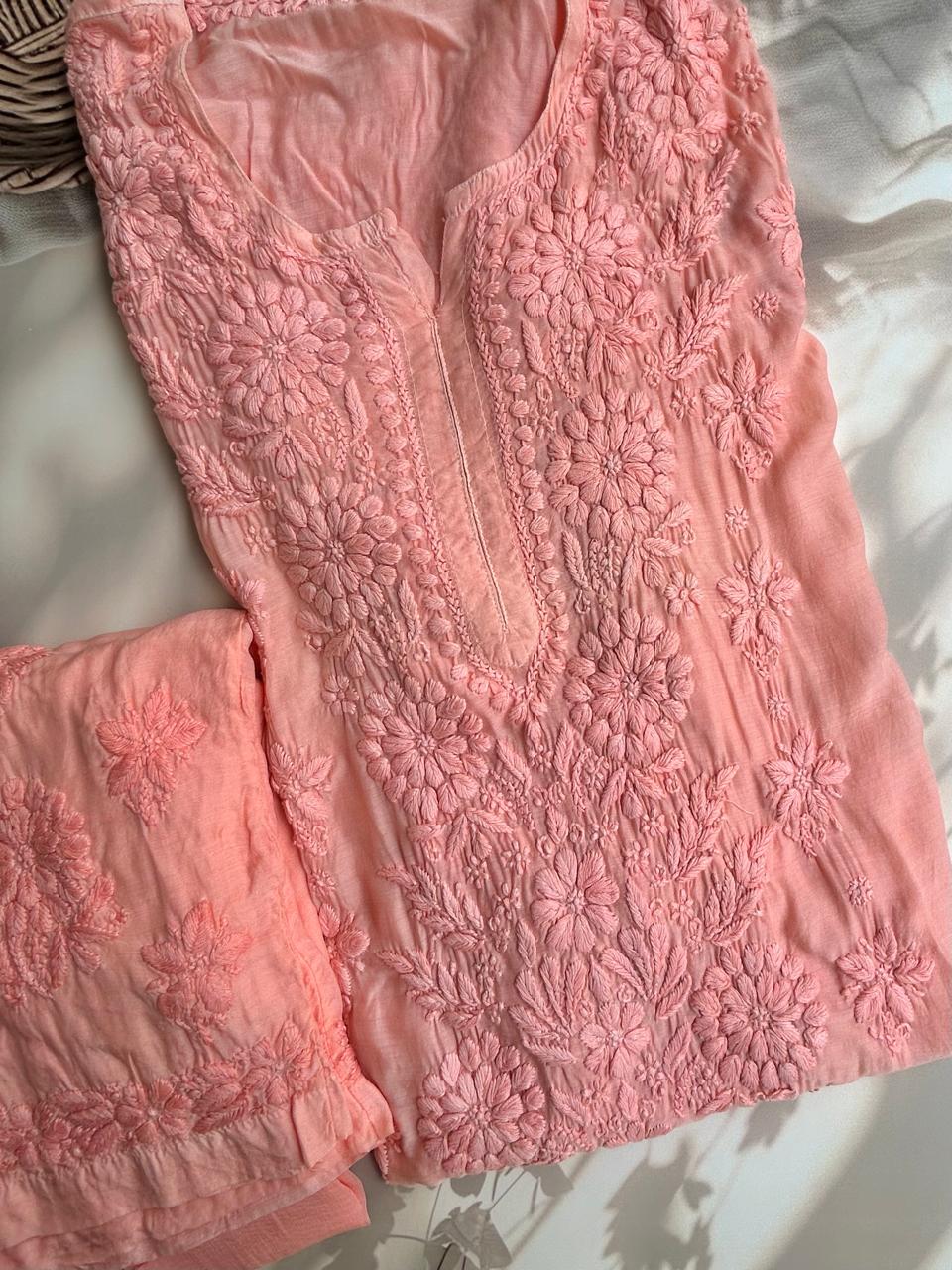 Muslin Chikankari handwork kurta set - Peach