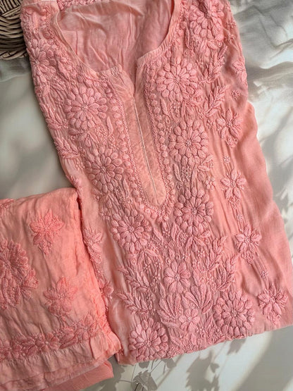 Muslin Chikankari handwork kurta set - Peach