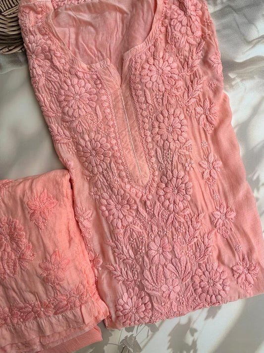 Muslin Chikankari handwork kurta set - Peach