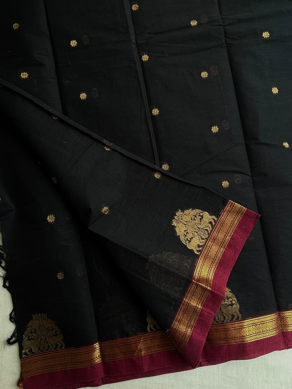 Kanchi cotton with premium zari weaves - Black and maroon