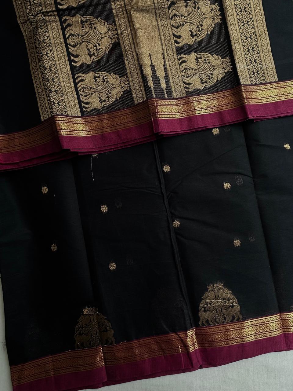 Kanchi cotton with premium zari weaves - Black and maroon