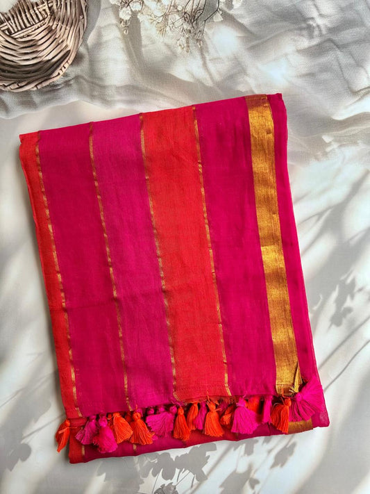 Pink Mul mul saree with zari stripes