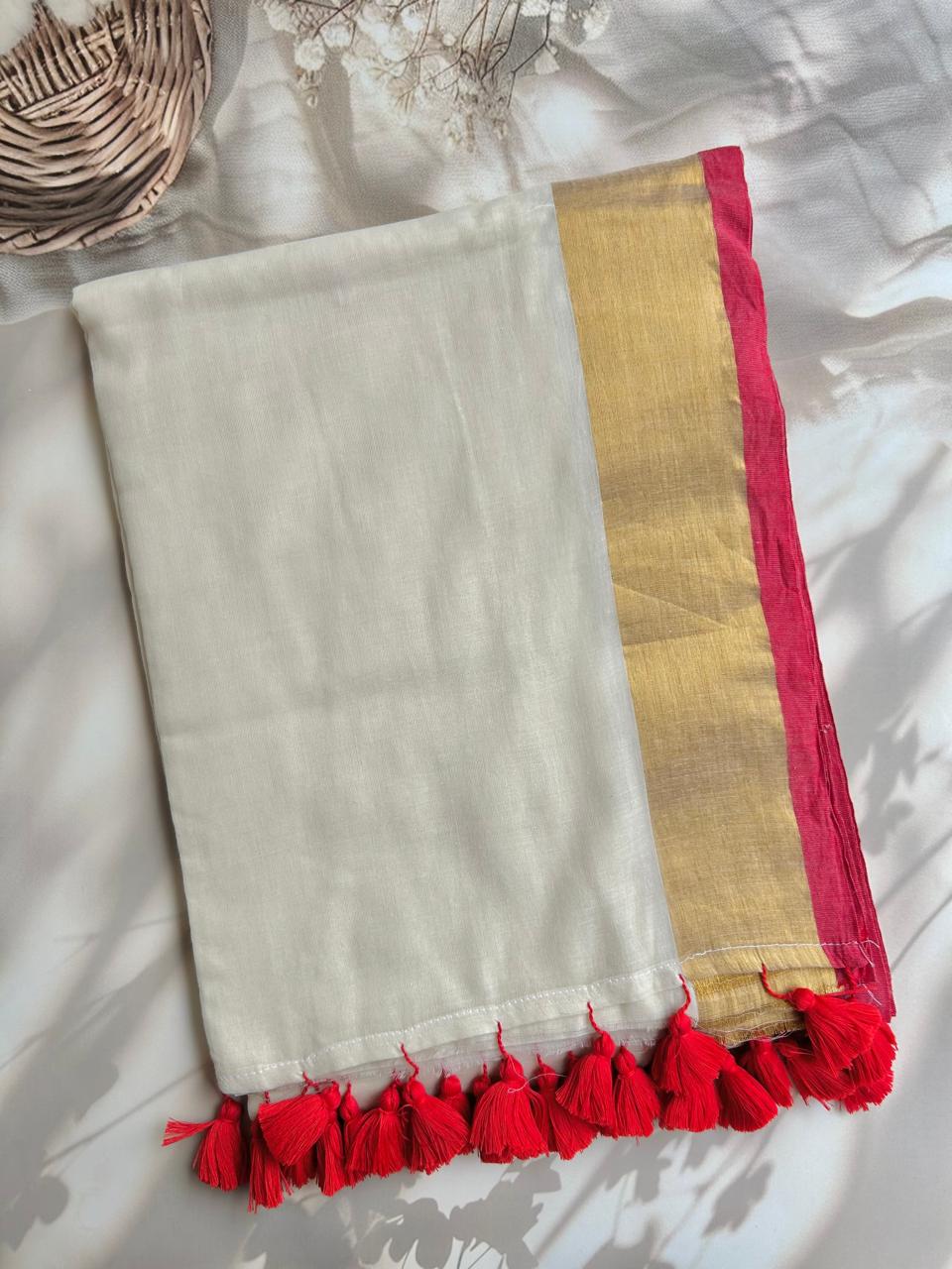Mul mul saree with red zari border
