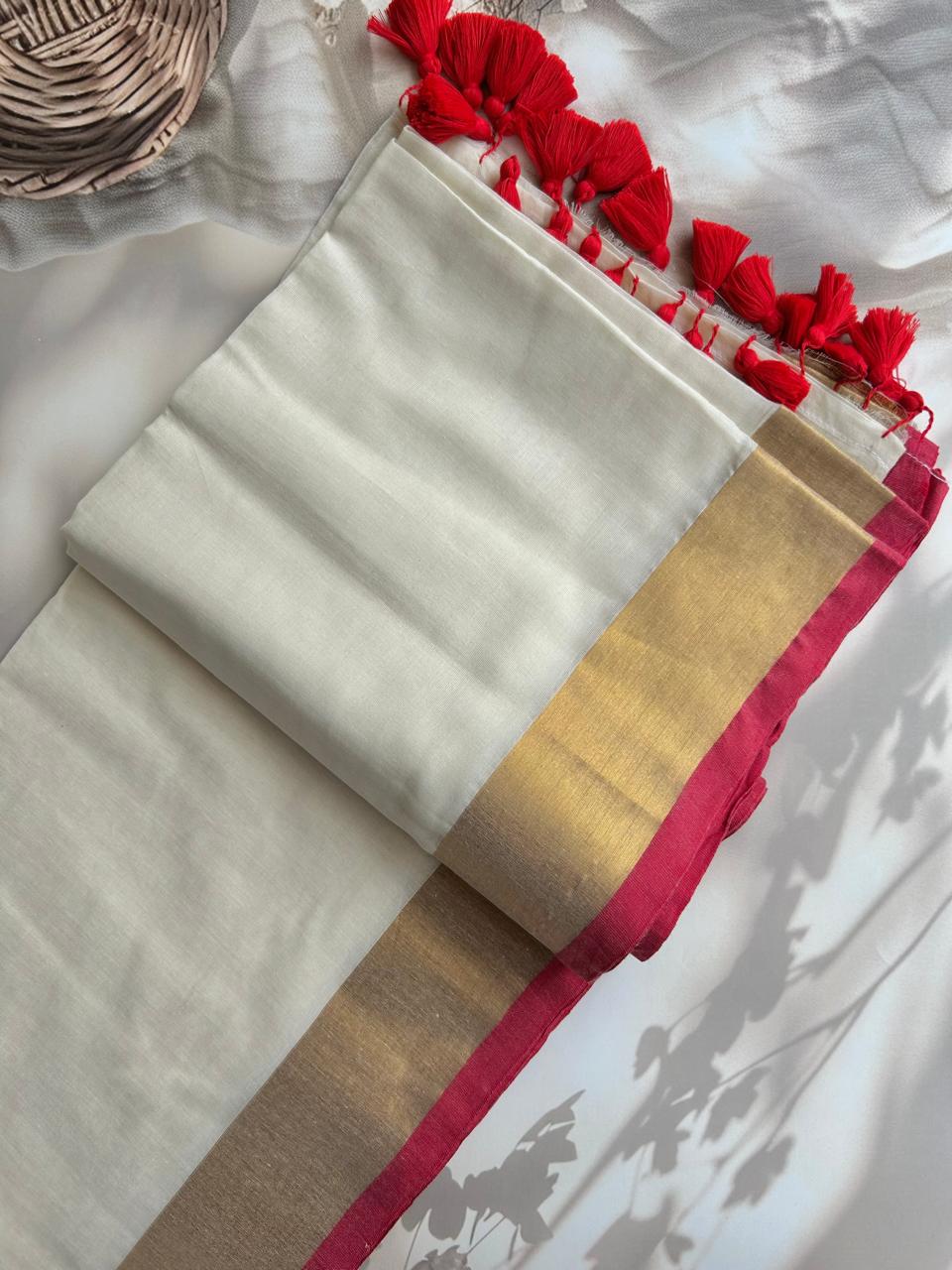 Mul mul saree with red zari border