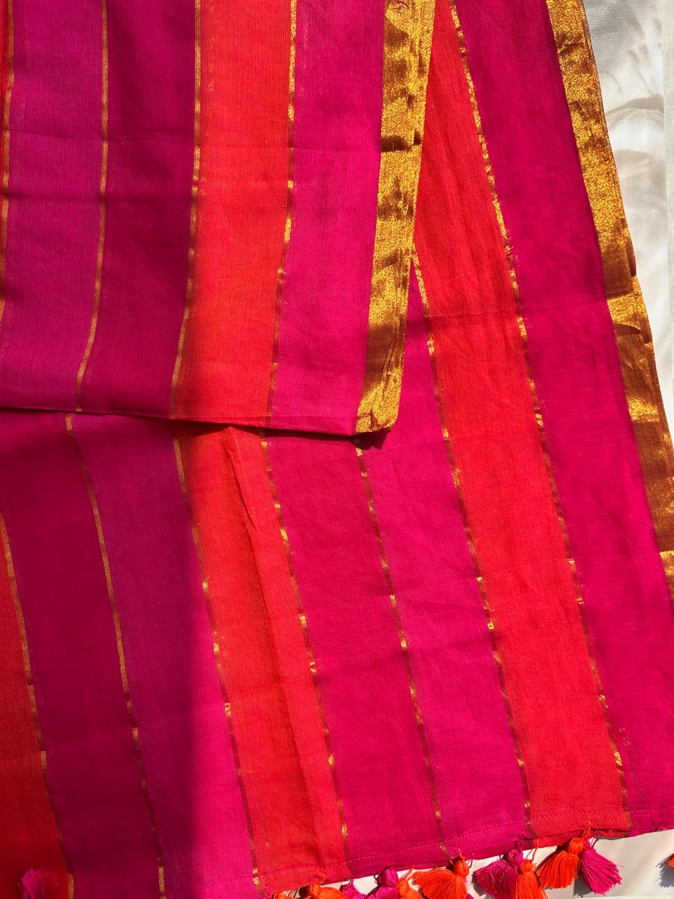Pink Mul mul saree with zari stripes
