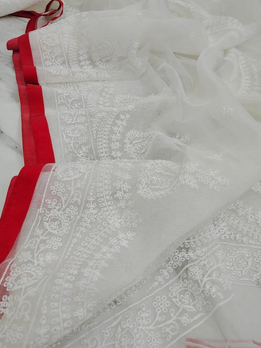 Muslin resham embroiderd saree