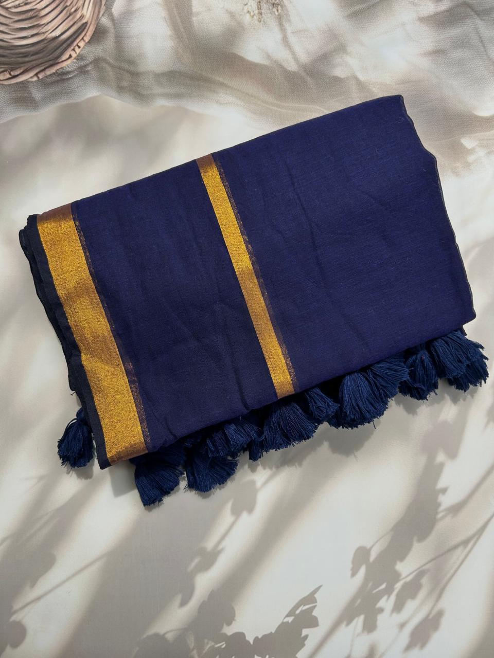 Blue Mul mul saree with zari border
