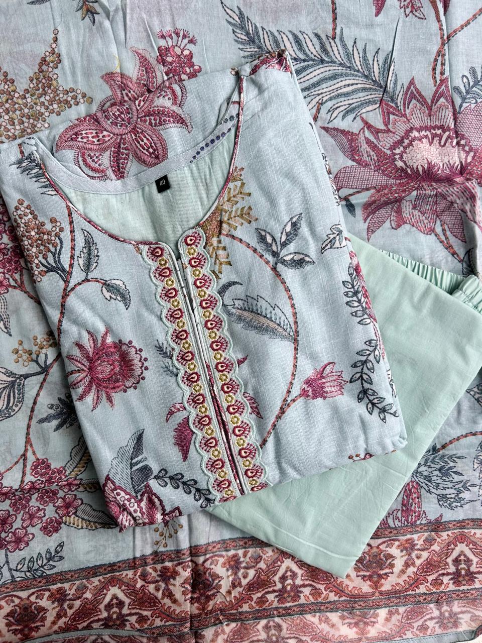 Printed Linen cotton kurta set