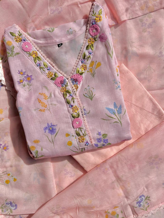 Printed Linen cotton kurta set