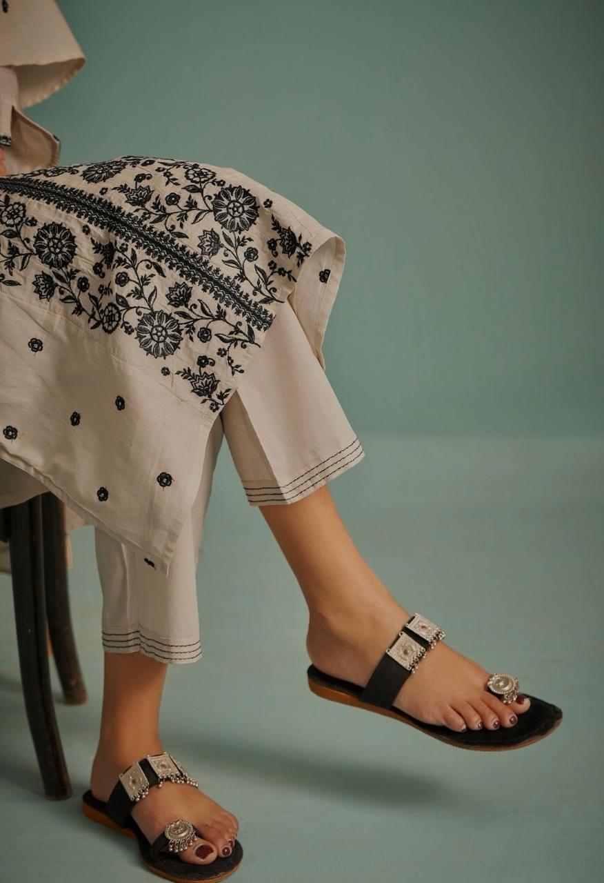 Beige Embroidered Cotton Kurta set