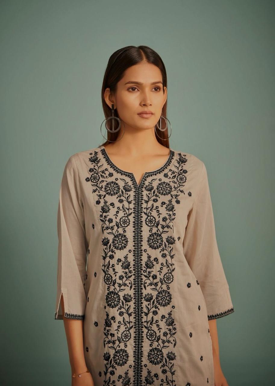 Beige Embroidered Cotton Kurta set
