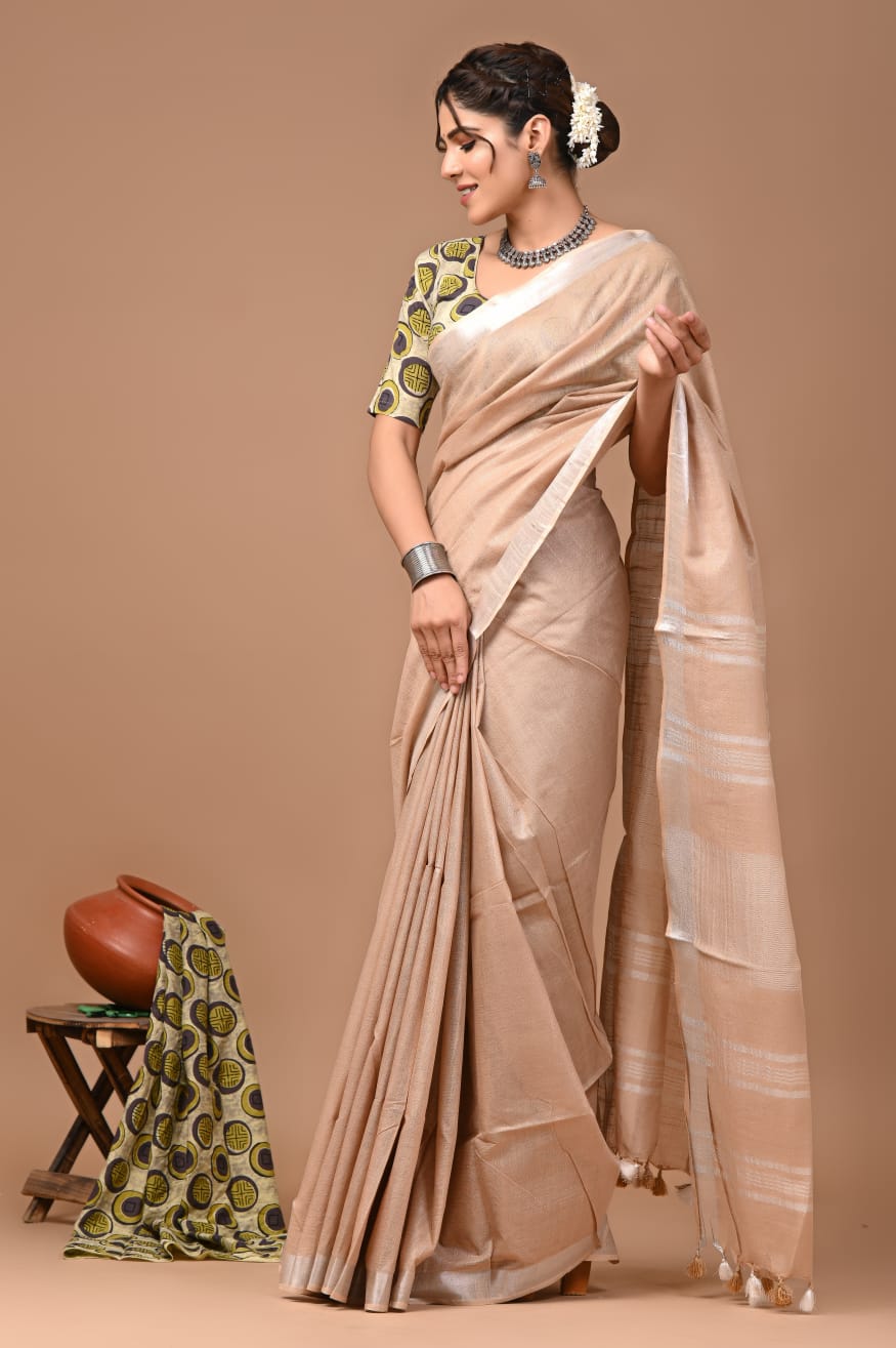 Plain linen saree with block printed blouse
