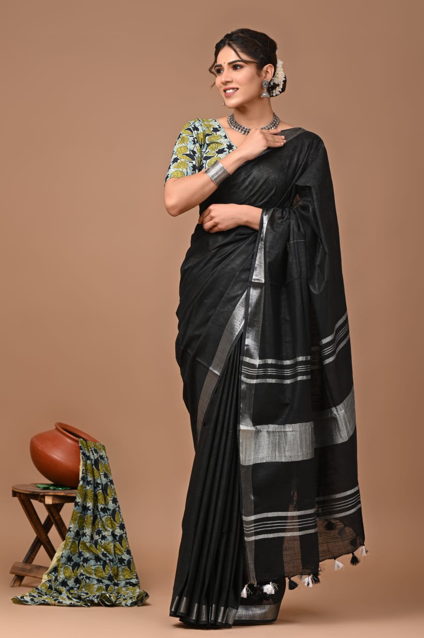 Plain linen saree with block printed blouse