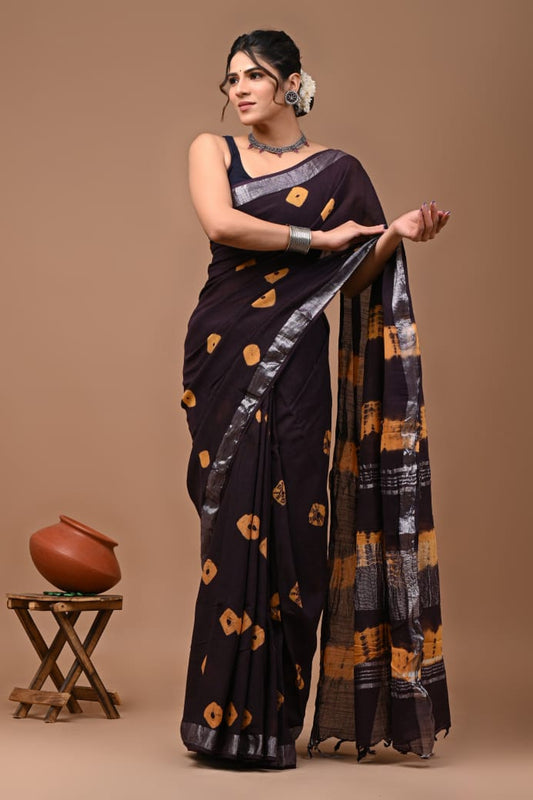 Linen cotton saree in hand block prints