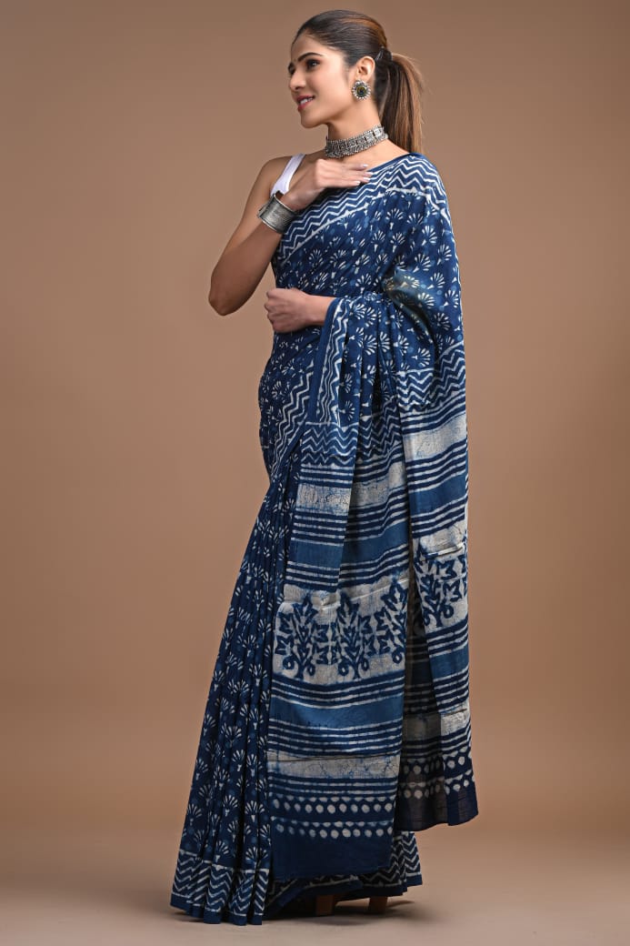 Mul mul cotton saree in block prints