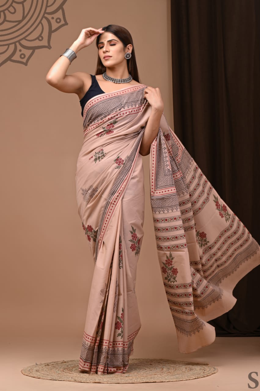 Mul mul cotton saree in block prints