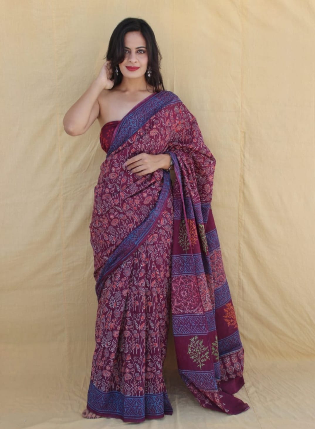 Mul mul cotton saree in block prints